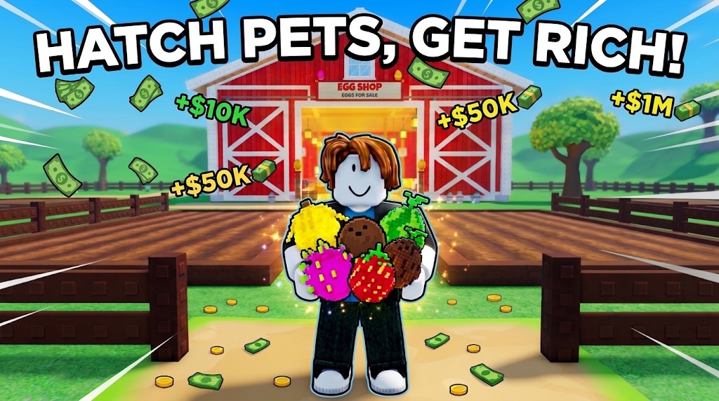 Grow a Creature key art: a Roblox avatar holding an armful of colourful eggs in front of a red farm barn, under the words Hatch pets, get rich!